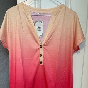 Orange and bright pink; medium V-neck top